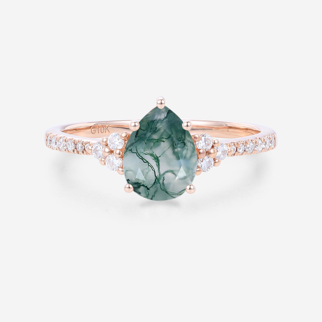 Pear Cut Natural Green Moss Agate Cluster Engagement Ring