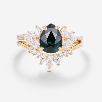 Pear cut Blue Green Sapphire Cluster Engagement Bridal Set