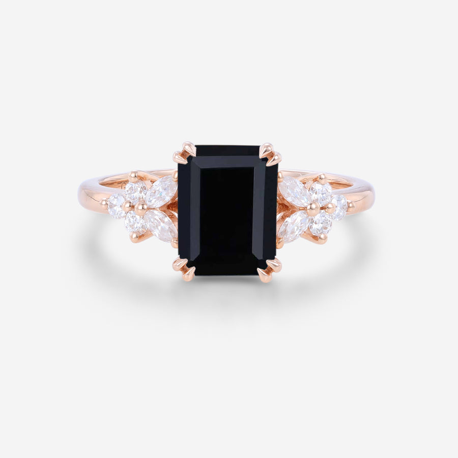 Emerald cut Black Onyx Cluster Engagement Ring