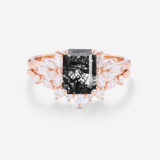 Emerald cut Black Rutilated Quartz Engagement ring Bridal Set