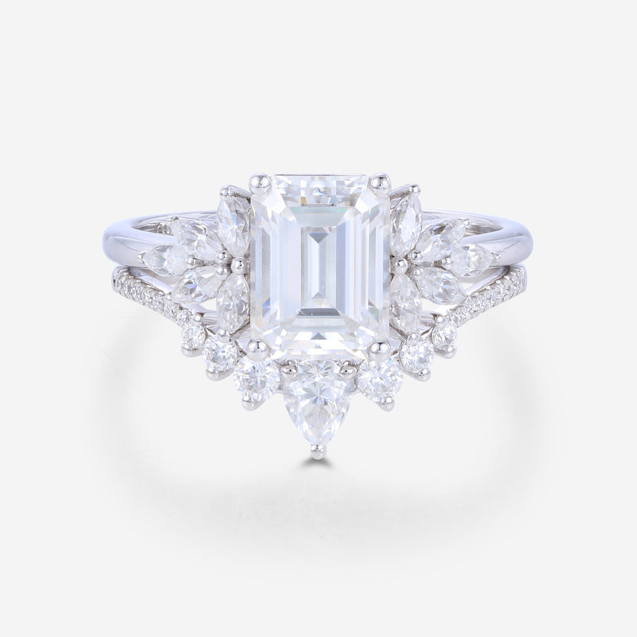 Emerald cut Moissanite Cluster Engagement ring Bridal Set