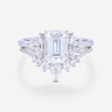 Emerald cut Moissanite Cluster Engagement ring Bridal Set