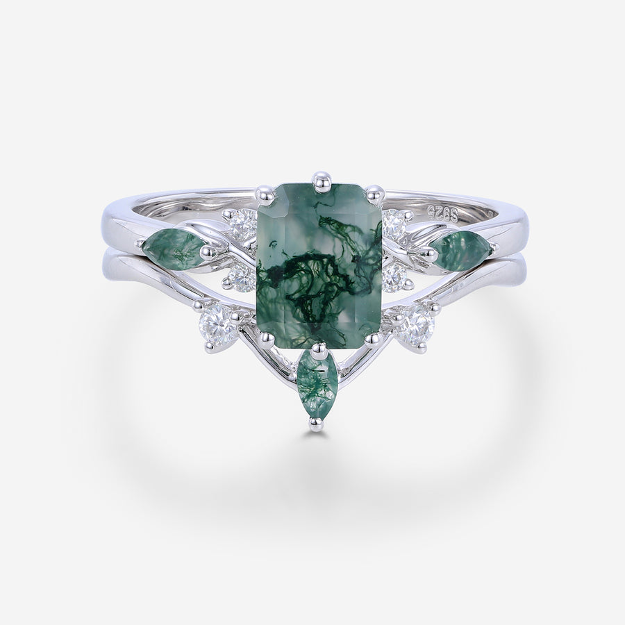 Emerald cut Moss Agate Matching Moissanite | Diamonds Gold Bridal Set
