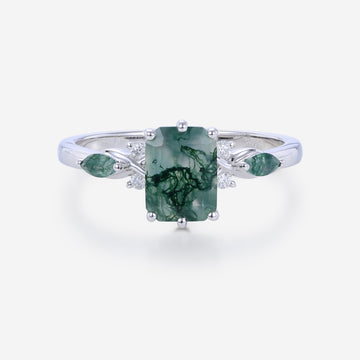 Emerald cut Moss Agate Matching Mossanite | Diamonds Gold Engagement Ring