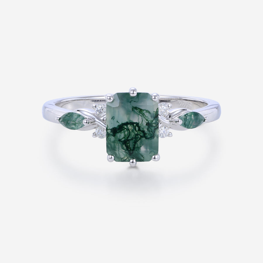 Emerald cut Moss Agate Matching Moissanite | Diamonds Gold Engagement Ring