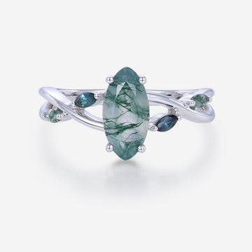 Marquise cut Moss Agate Matching Moss Agate |  Blue-green sapphire Gold Engagement Ring