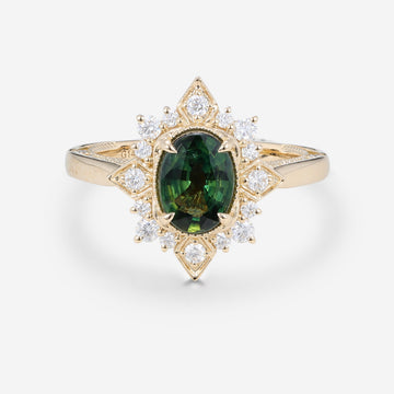 Oval cut Blue green sapphire Halo Mossanite | Diamonds Engagement ring