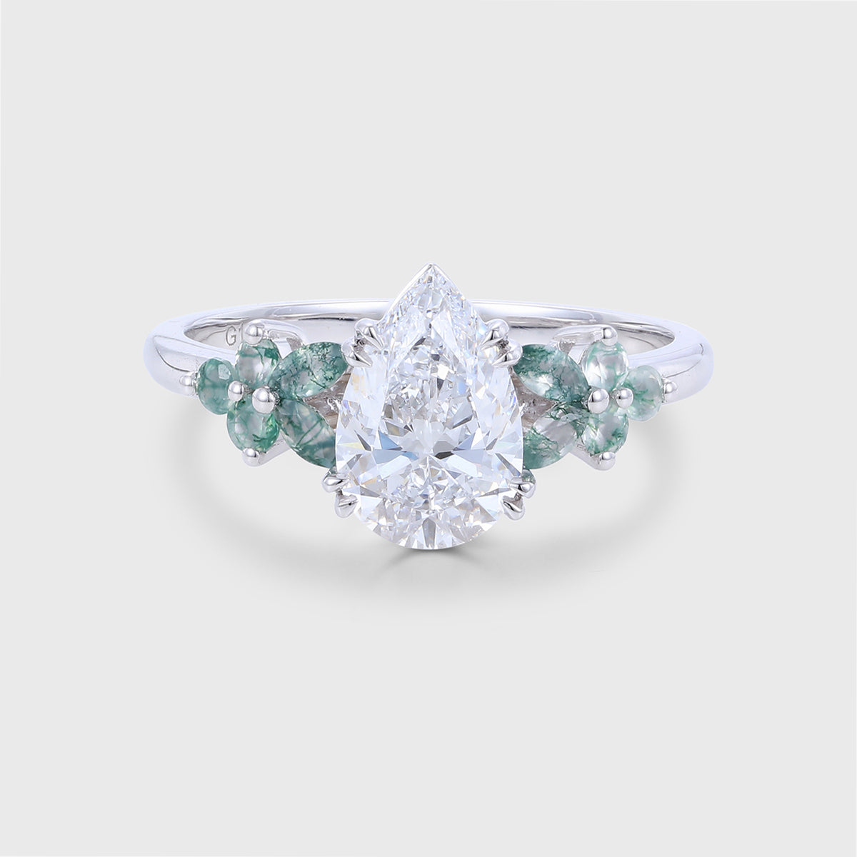 1.2Carat Pear Cut Lab grown diamond Matching Moss Agate Cluster Engagement ring