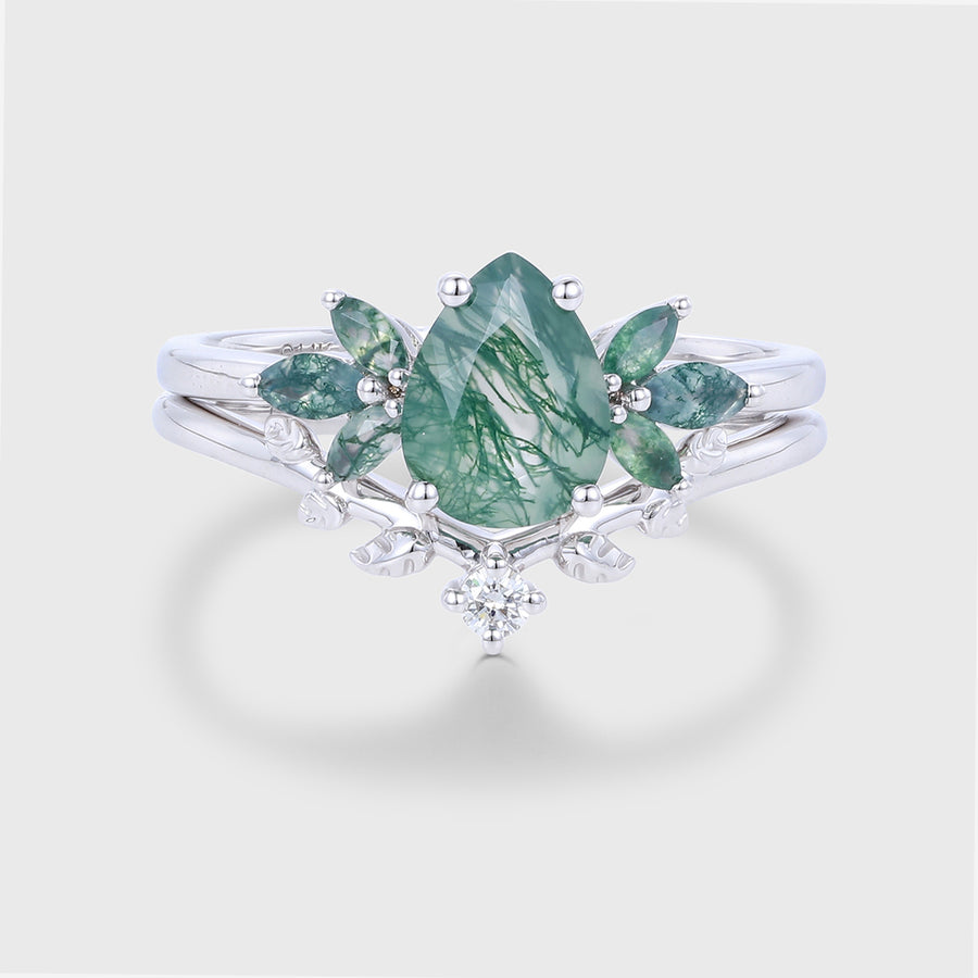 Pear Cut Moss Agate Matching Moissanite | Diamonds Gold Bridal Set