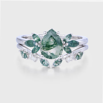 Pear cut Moss Agate Cluster Engagement ring Bridal Set