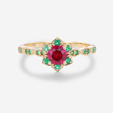 Round Cut Lab Ruby Flower Engagement Ring