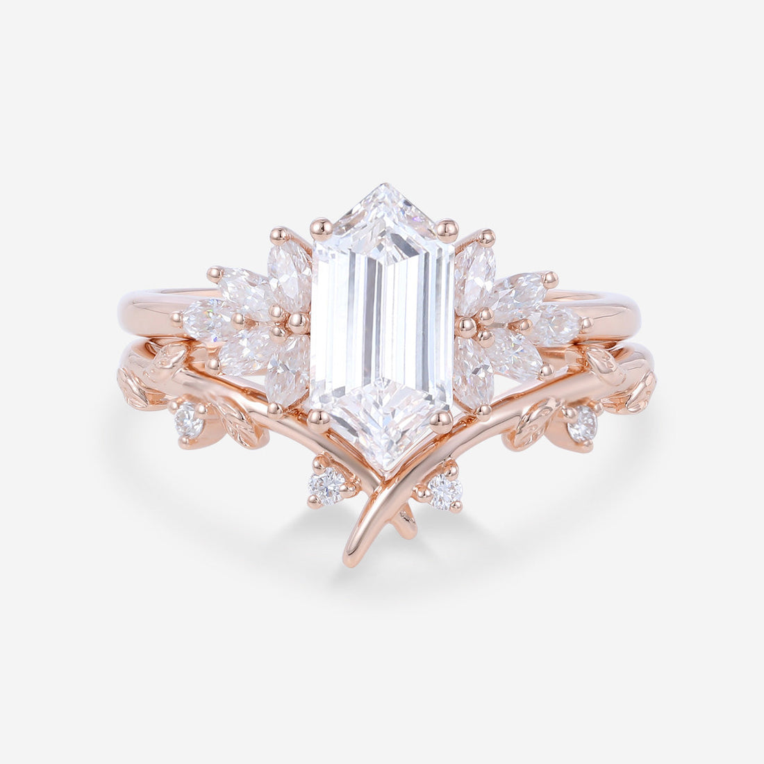 Long Hexagon cut Lab-Grown Diamond Wedding Bridal Set