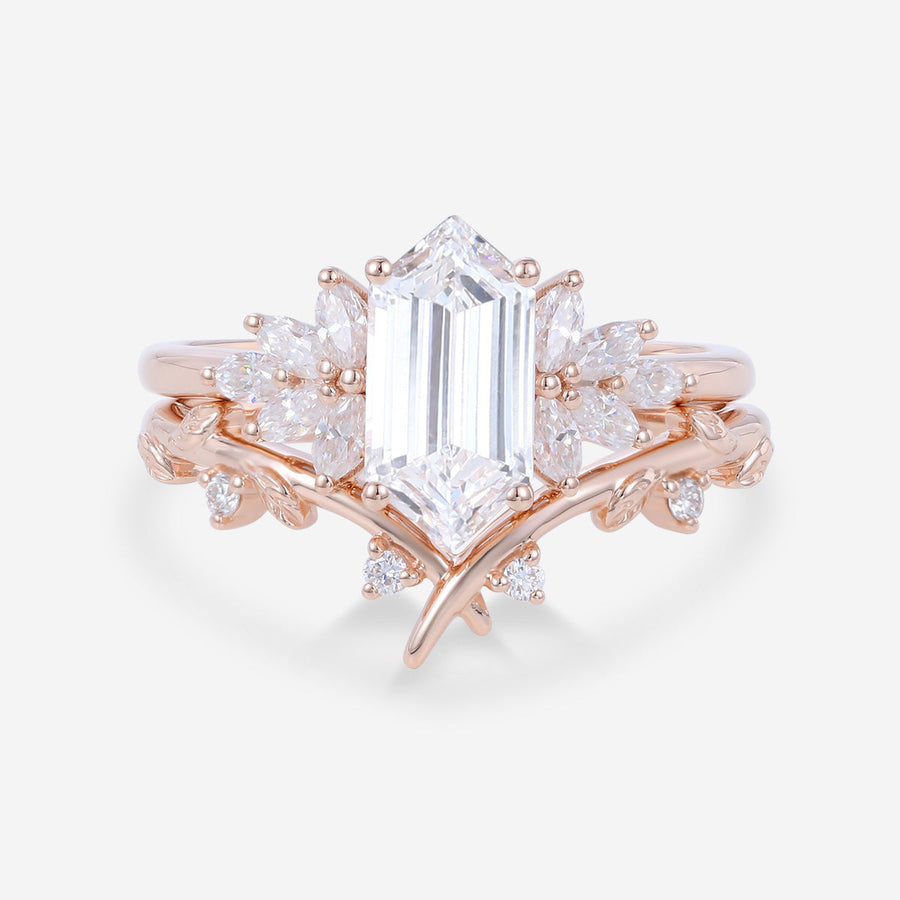 Long Hexagon cut Lab-Grown Diamond Wedding Bridal Set