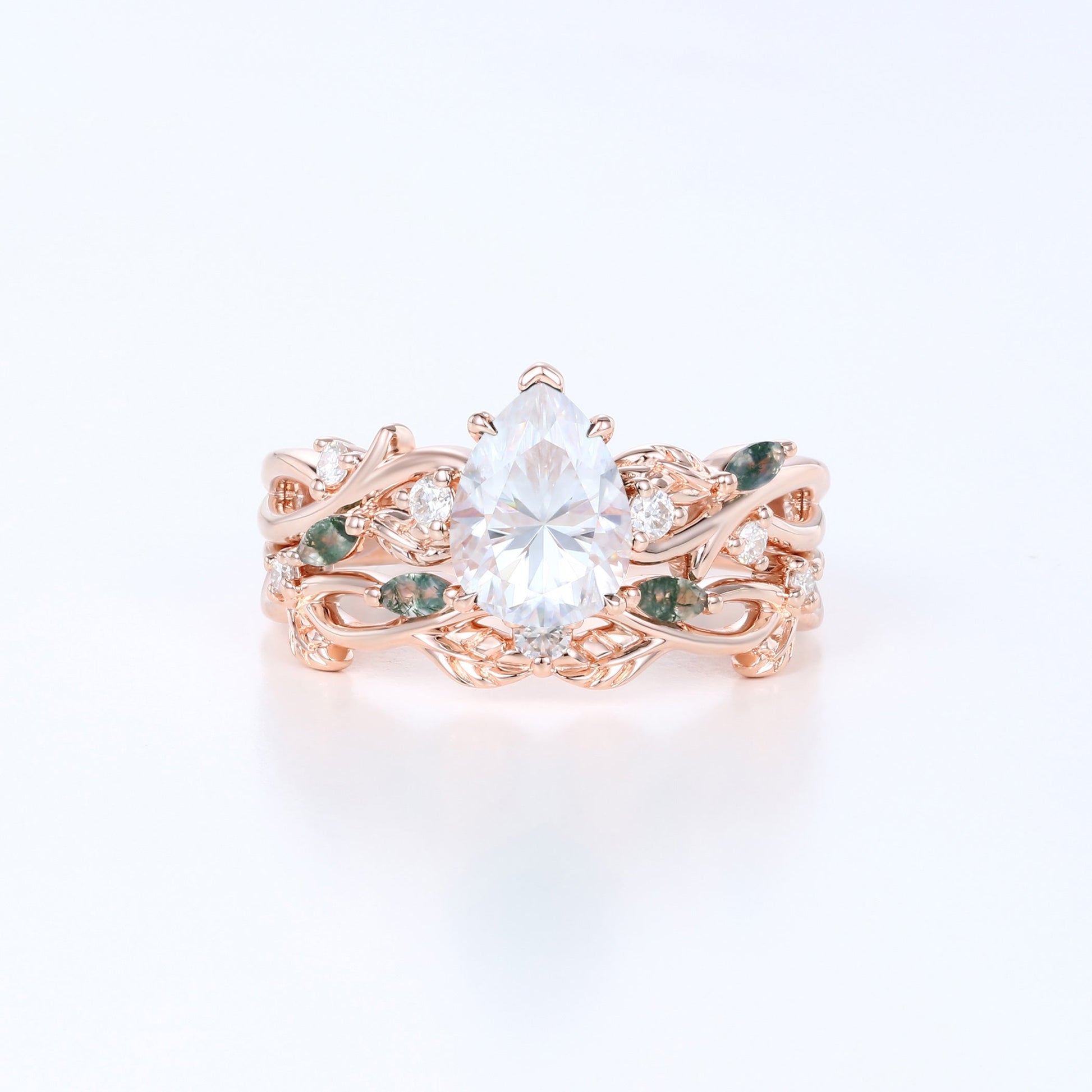 Pear Cut Moissanite Engagement ring + Marquise Moss agate Wedding Bridal Set