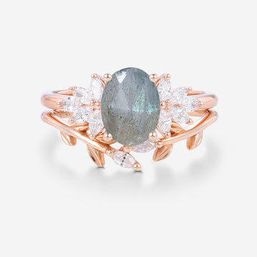 Oval cut Labradorite Cluster Engagement ring Bridal Set