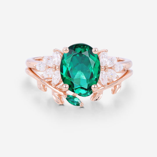 Oval cut Emerald Cluster Engagement ring Bridal Set