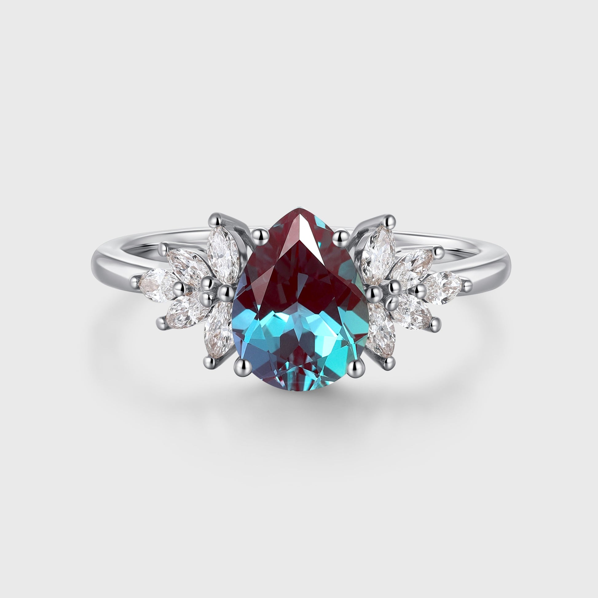 Pear cut Lab Alexandrite Cluster Engagement ring