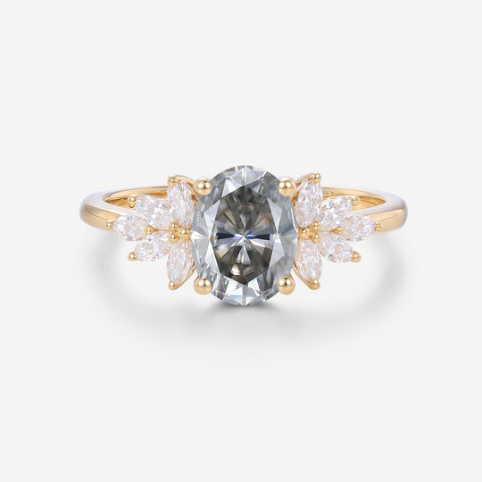 Oval cut Gray Moissanite Cluster Engagement Ring