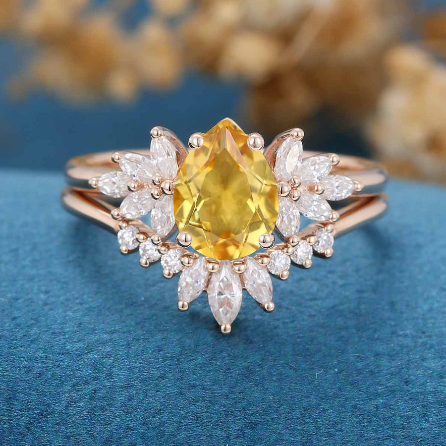 Pear cut Citrine Cluster Engagement ring Bridal Set