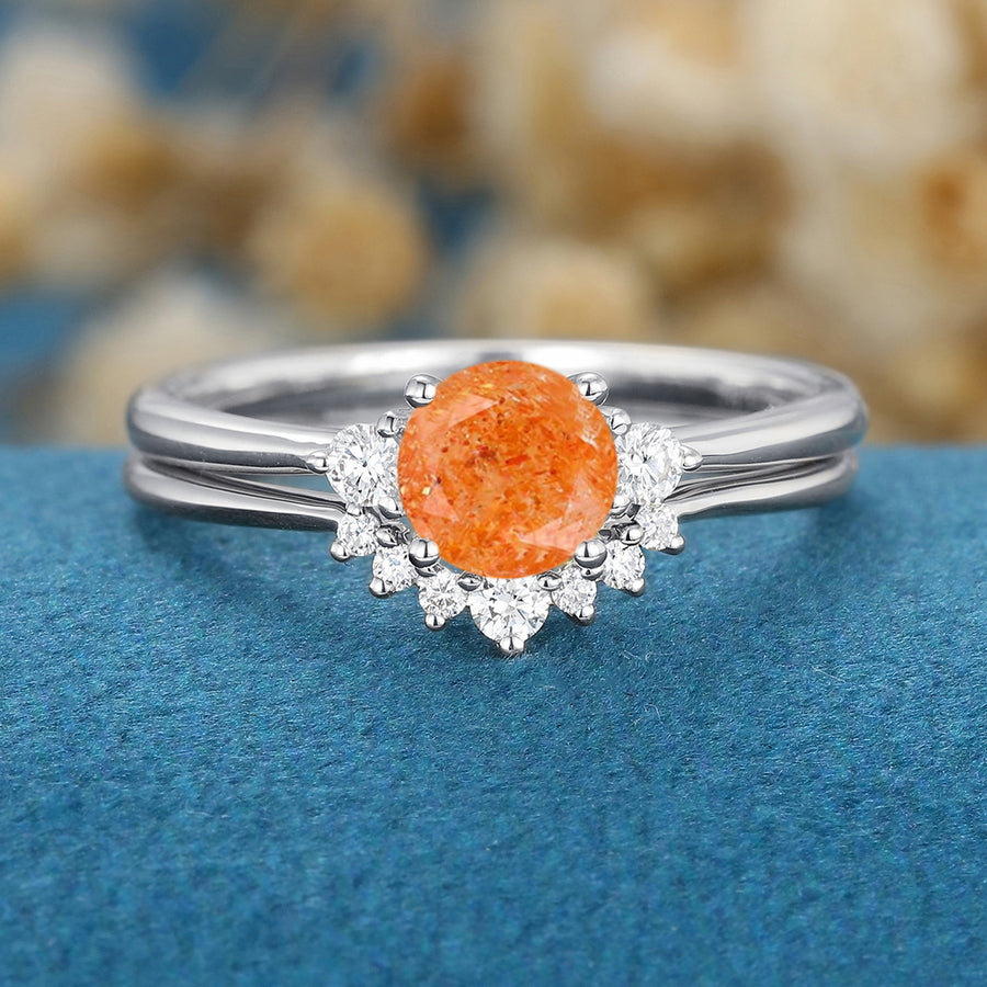 Round cut Sunstone Cluster Engagement ring Bridal Set
