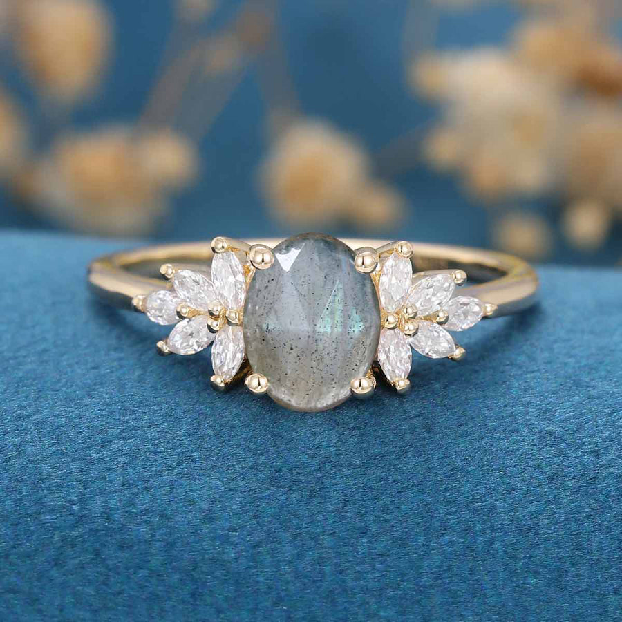 1.4Carat Oval cut Labradorite Cluster Engagement Ring