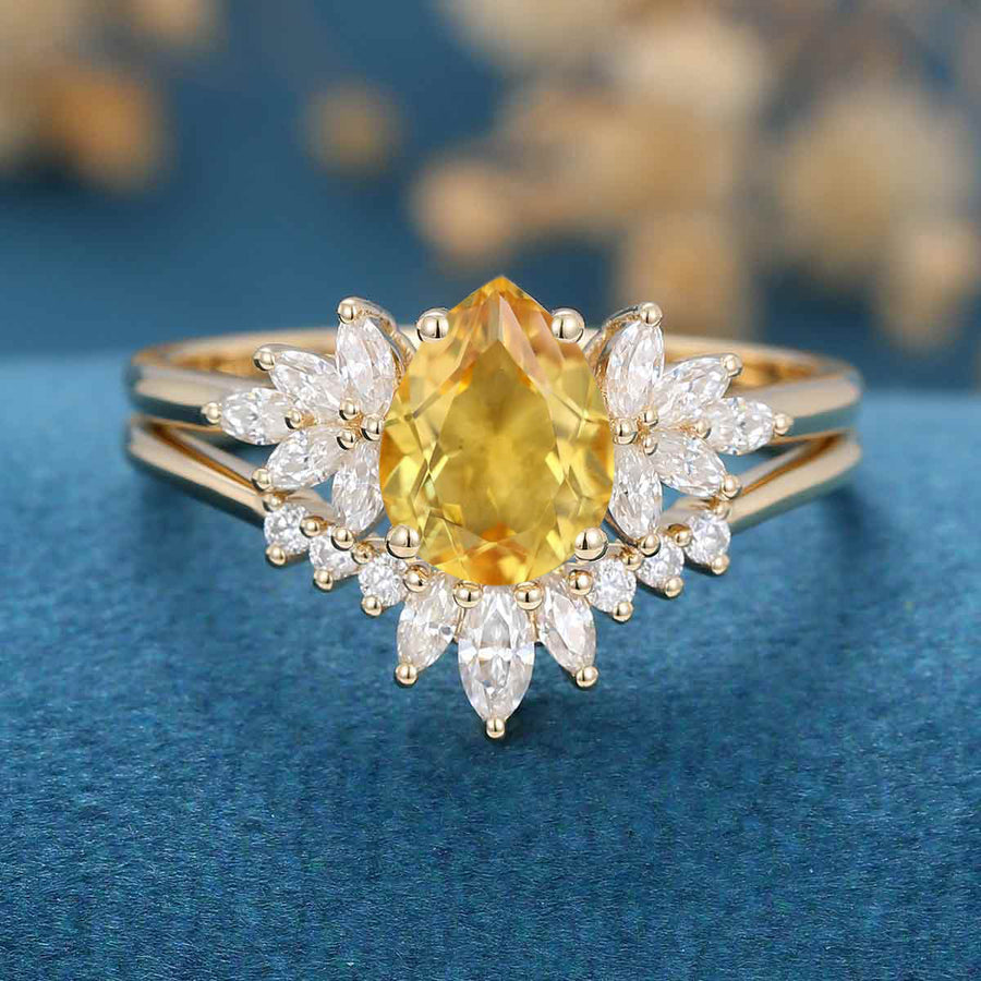 Pear cut Citrine Cluster Engagement ring Bridal Set