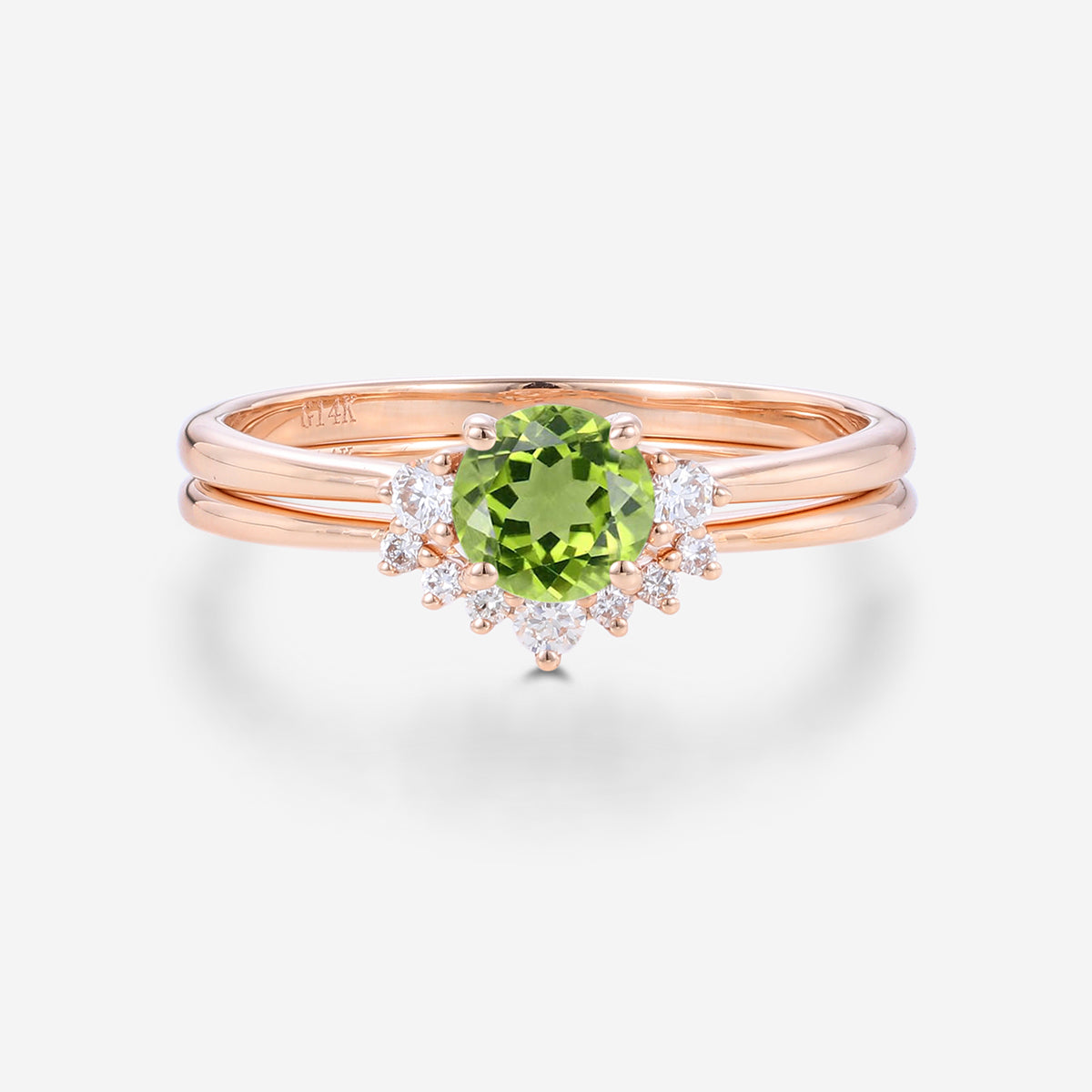 Round cut Olivine Cluster Engagement ring Bridal Set