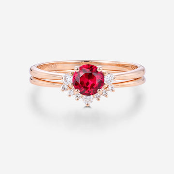 Round  cut Lab Ruby Cluster Engagement ring Bridal Set