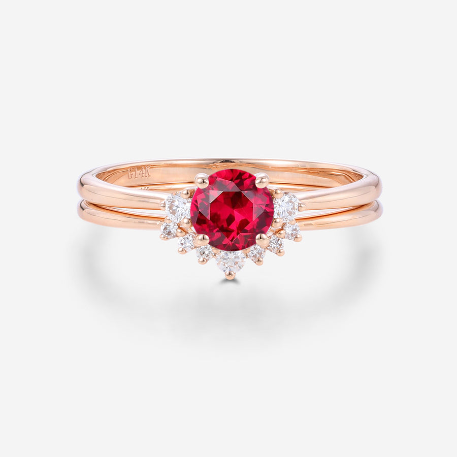 Round  cut Lab Ruby Cluster Engagement ring Bridal Set