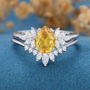 Pear cut Citrine Cluster Engagement ring Bridal Set