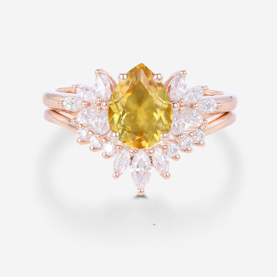 Pear cut Citrine Cluster Engagement ring Bridal Set