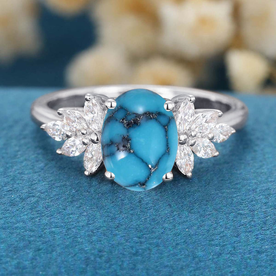 1.5Carat Oval Cut Turquoise Cluster Engagement Ring