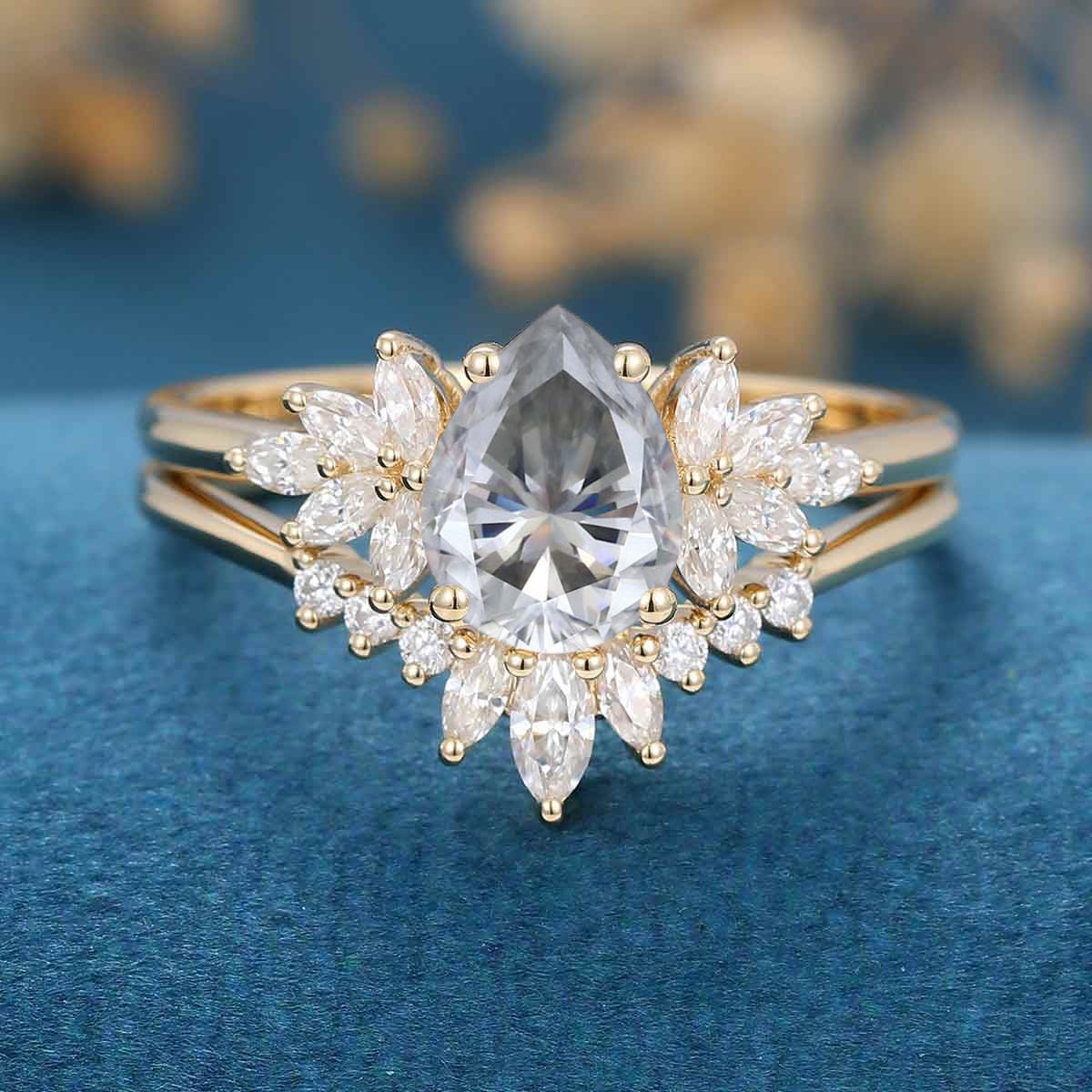 Pear cut Gray Moissanite Cluster Engagement ring Bridal Set