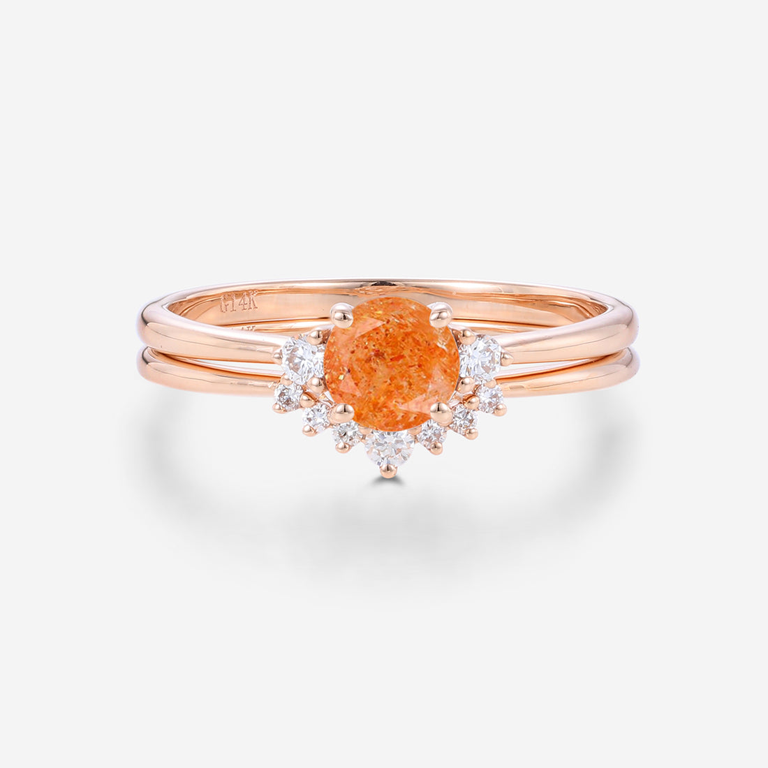 Round cut Sunstone Cluster Engagement ring Bridal Set