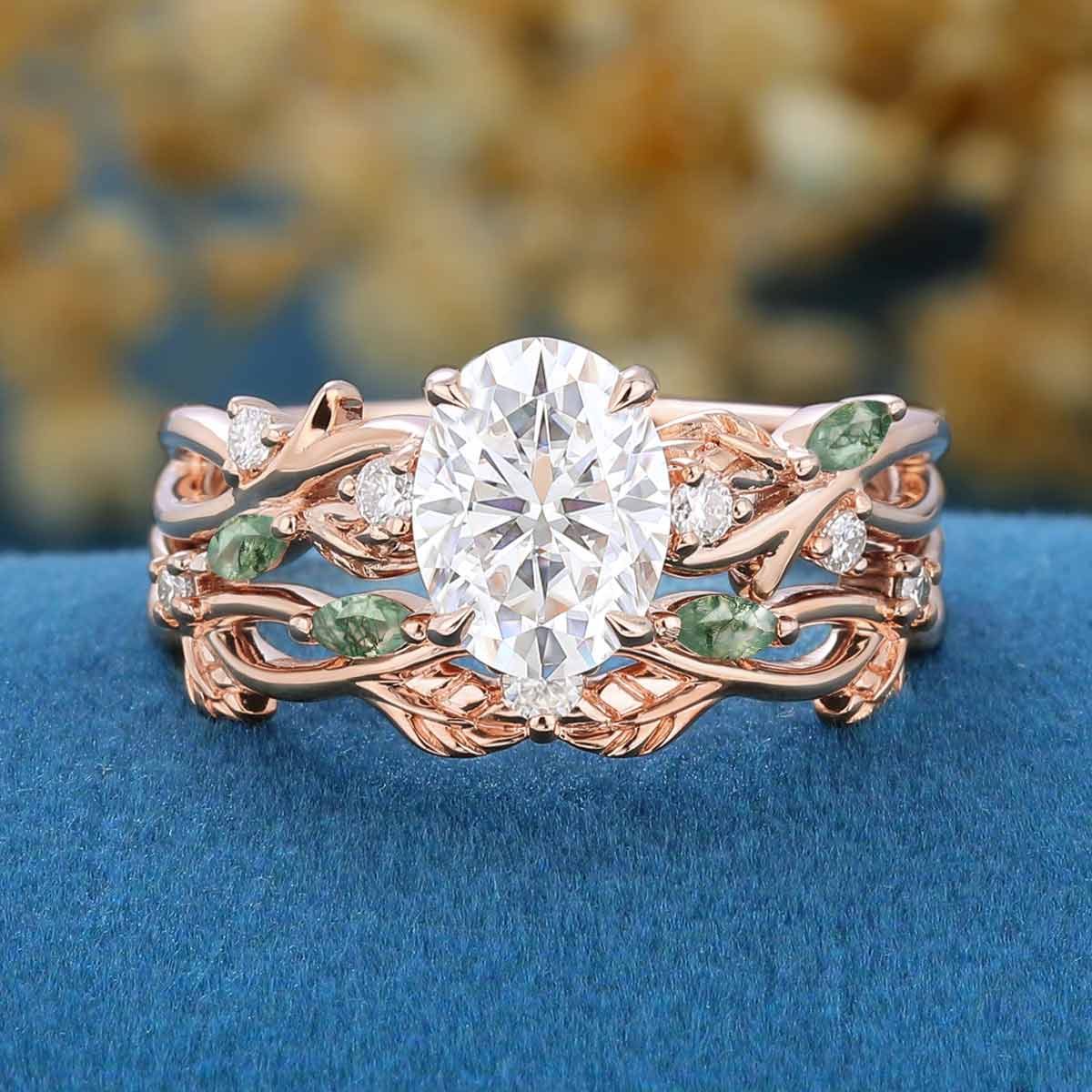Nature Inspired Oval Cut Moissanite Engagement ring + Moss agate Wedding Bridal Set