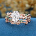 Nature Inspired Oval Cut Moissanite Engagement ring + Moss agate Wedding Bridal Set