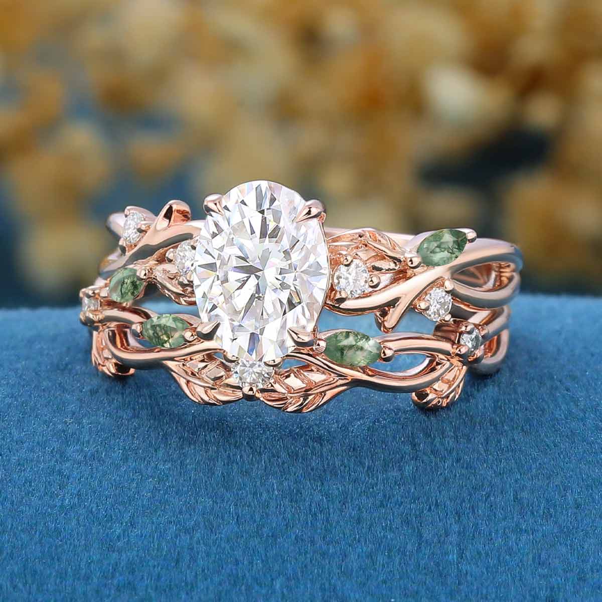 Nature Inspired Oval Cut Moissanite Engagement ring + Moss agate Wedding Bridal Set