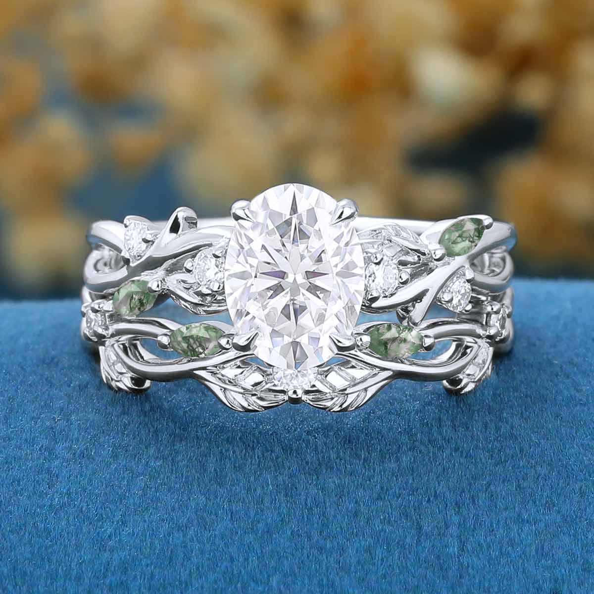 Nature Inspired Oval Cut Moissanite Engagement ring + Moss agate Wedding Bridal Set