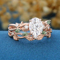 Nature Inspired Oval Cut Moissanite Engagement ring + Moss agate Wedding Bridal Set