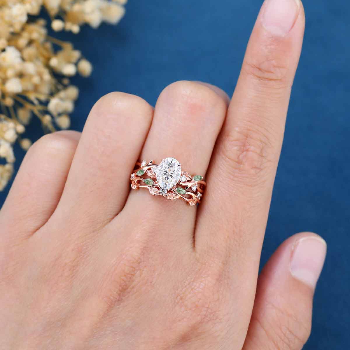 Nature Inspired Oval Cut Moissanite Engagement ring + Moss agate Wedding Bridal Set