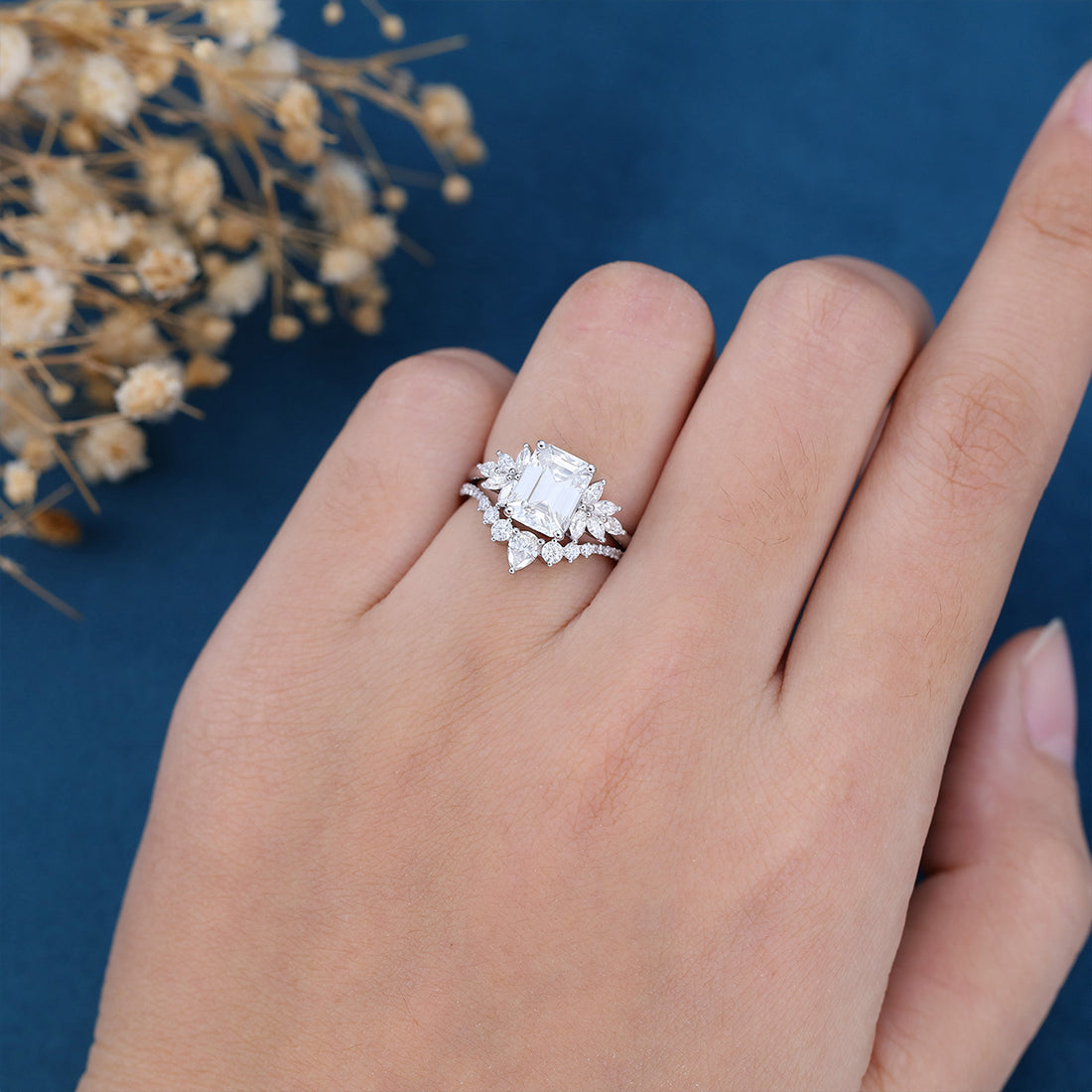 Emerald cut Moissanite Cluster Engagement ring Bridal Set
