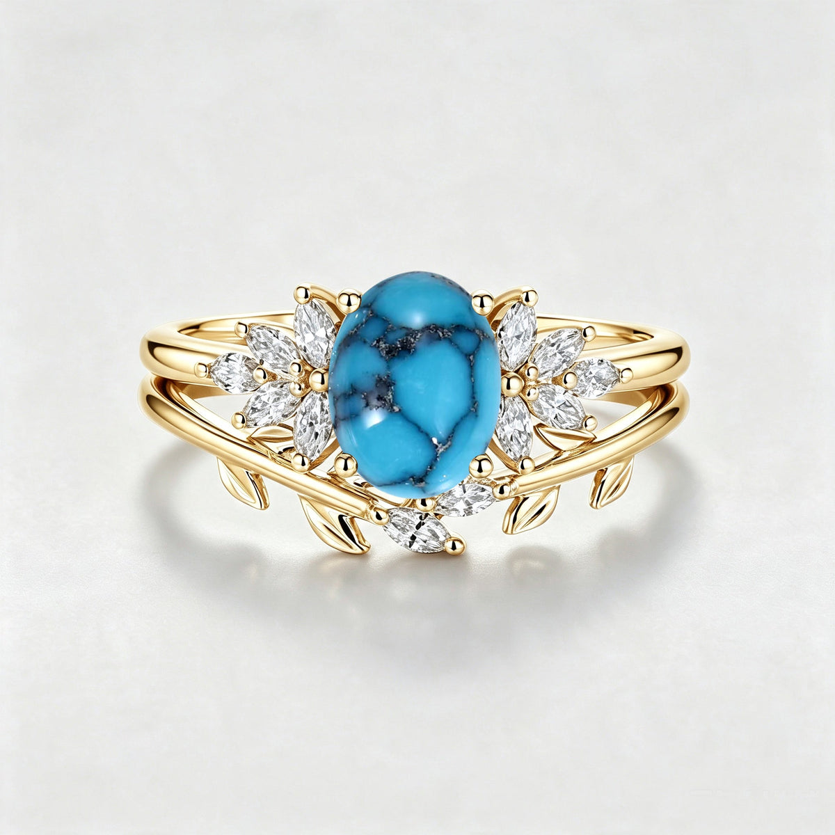 2PCS Oval Turquoise Cluster Engagement Ring Bridal Sets