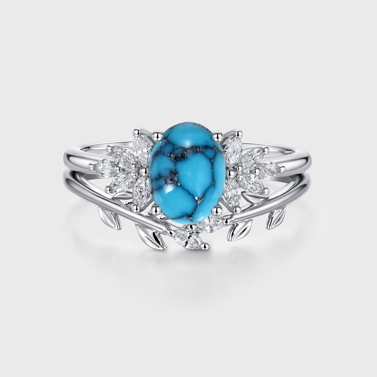 2PCS Oval Turquoise Cluster Engagement Ring Bridal Sets