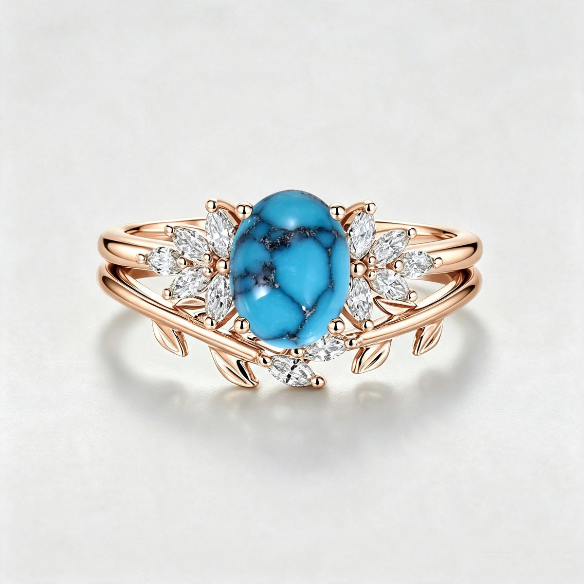 2PCS Oval Turquoise Cluster Engagement Ring Bridal Sets