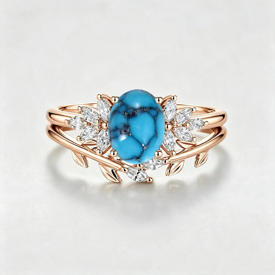 2PCS Oval Turquoise Cluster Engagement Ring Bridal Sets
