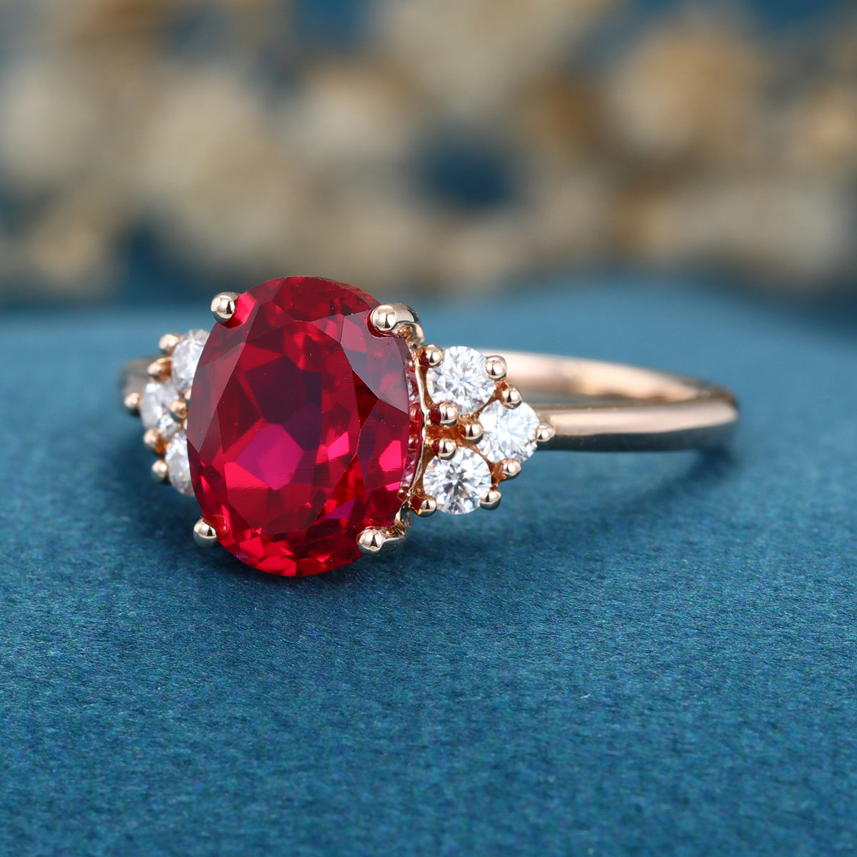 Oval cut Lab Ruby Solid Gold Engagement Ring