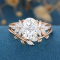 1.5 Carat Vintage Oval cut Moissanite Cluster Engagement ring Bridal Set