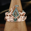 Forever Glow Moss Agate Couple Rings | Rose Gold Leaf Wedding Bridal Set