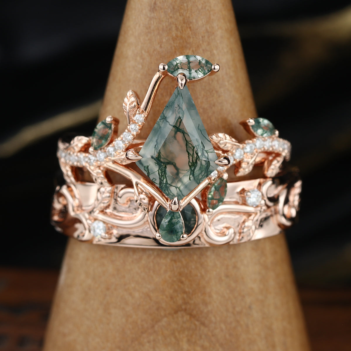 Forever Glow Moss Agate Couple Rings | Rose Gold Leaf Wedding Bridal Set