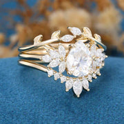 3PCS 1.2 Carat Pear Moissanite Cluster Engagement ring Bridal Set